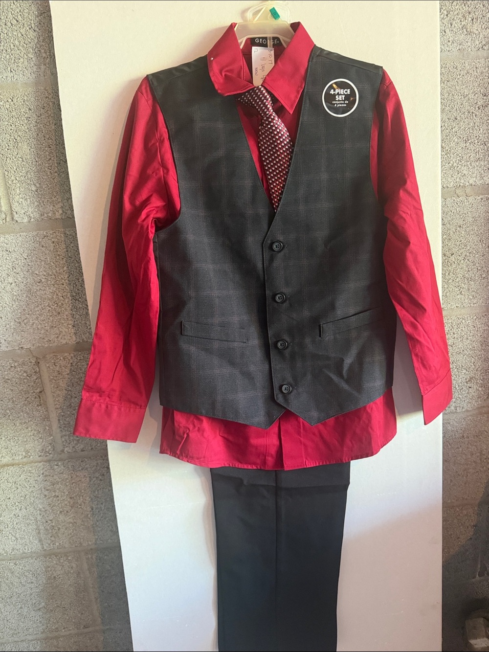 Men's Red Dress Shirt & Charcoal Plaid Vest Set